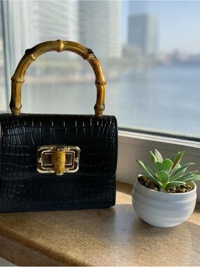 Black Croc-Embossed Bamboo-Handle Top-Handle Bag